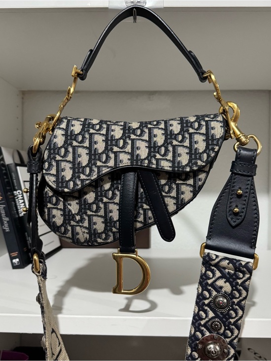 Dior Handbags - Christian Dior Blue and Beige Saddle Logo Canvas Shoulder Bag Mini with strap
